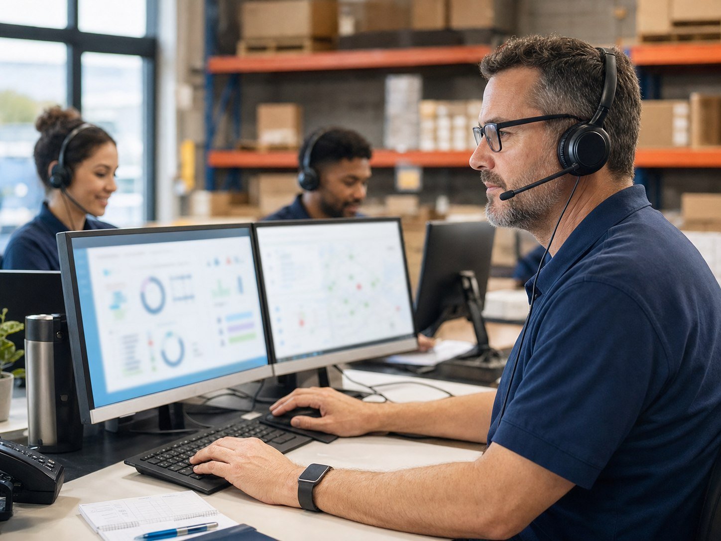 AO Supply support specialists coordinating customer questions in an equipment operations center