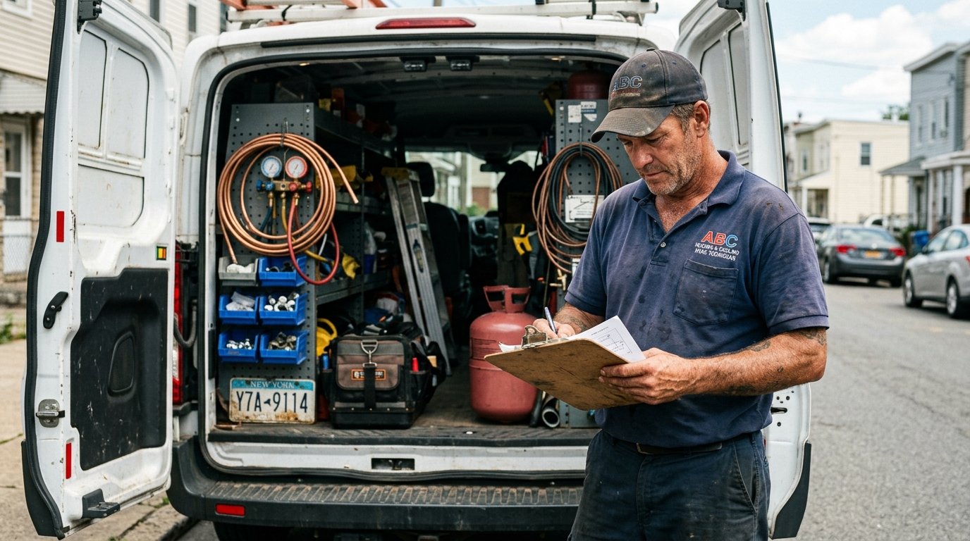 HVAC installer reviewing equipment details at a service vehicle