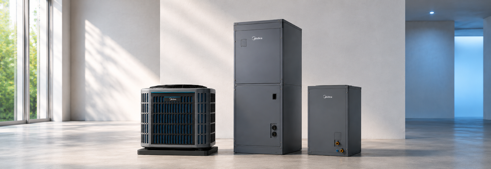 Residential Midea HVAC equipment in a bright equipment gallery